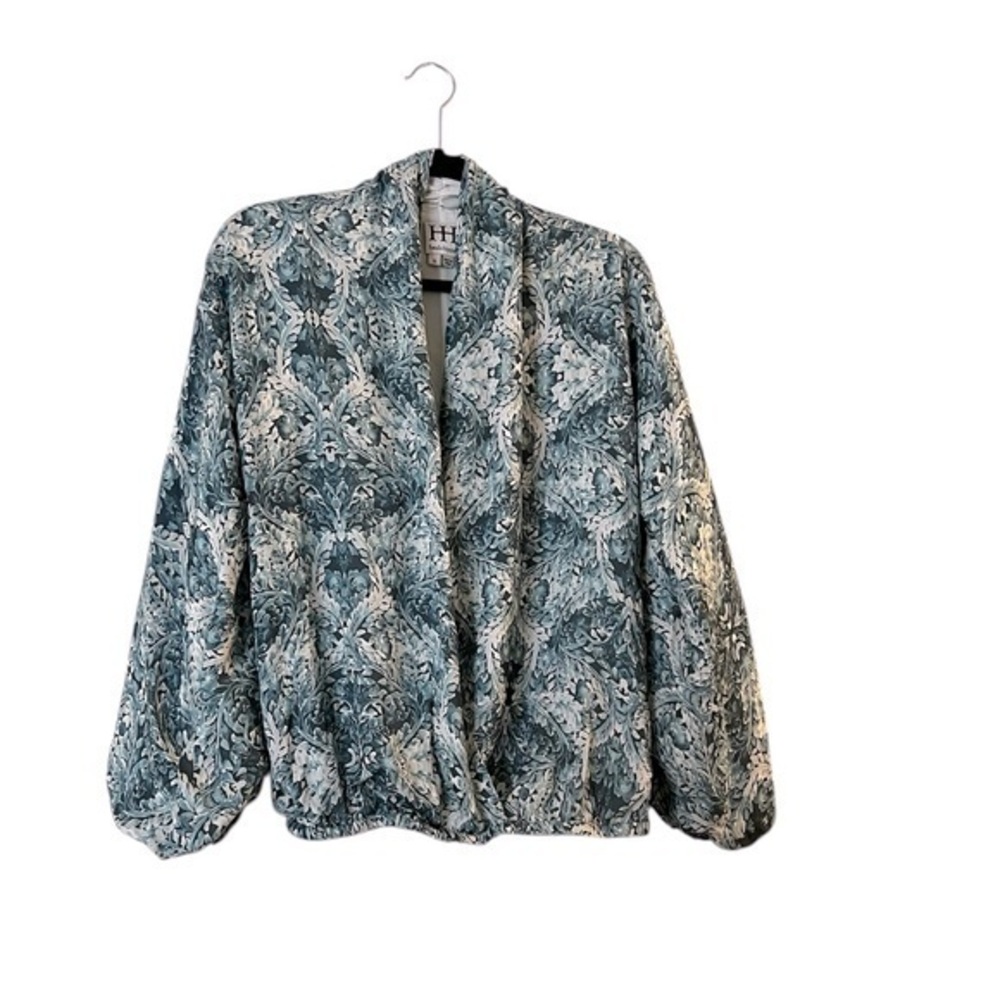 HAUTE HIPPIE blue & cream silk botanical tapestry surplice lined blouse / top